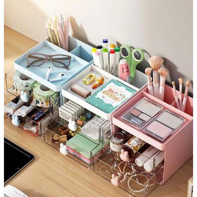 1pc Makeup Vanity Organizer Box, Desktop Cosmetic Storage Drawer, Multifunctional Desk Supplies Organizer Box For Students, Space-Saving, Stylish Vanity Caddy For Dorm Room, Bedroom, And Home Office, Keeps Cosmetics, Brushes, And Skincare Neatly Arranged, Clear Layout For Quick Access, Durable Build, Optimized For Desk Top And Vanity Countertops, Perfect Gift For Personal Styling Spaces