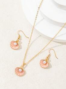 3pcs Shell & Pearl Pendant Necklace & Earring Set, Pink, Beach/Ocean Style, Minimalist & Versatile, High-End Gift Suitable For Women's Daily Wear