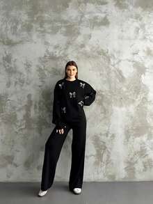 Women Casual Heart Pattern Round Neck Long Sleeve Pullover Top And Long Pants Set, Embroidery Design - Black - View 4