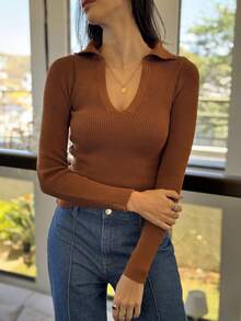 POLO NECK LONG SLEEVE TANK TOP IN KNIT MODAL NEW COLLECTION IVERNO - 鏽 - 查看 2