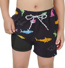 Boys Swim Trunks With Boxer Brief Liner Swim Shorts Compression Liner Youth Anti Trunks Halloween Christmas New Year - 彩色鯊魚 - 查看 1