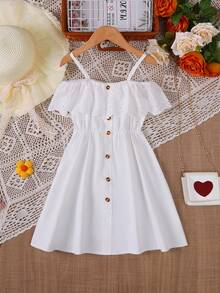 Girl Cold Shoulder Ruffle Trim Button Front Dress For Summer - White - View 1