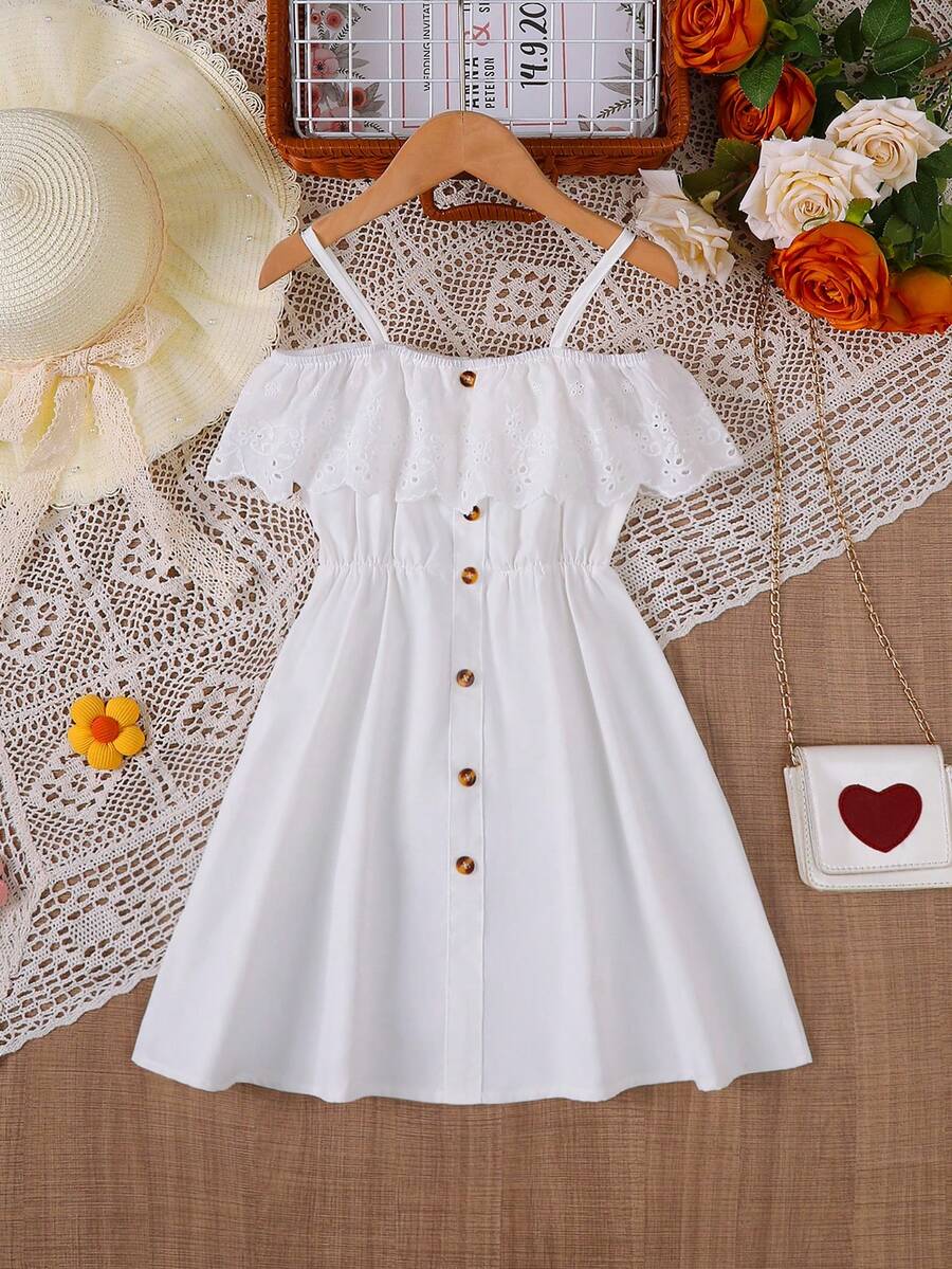 Girl Cold Shoulder Ruffle Trim Button Front Dress For Summer - White - View 1
