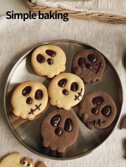 1 pieza Cortador de galletas con patrón de calavera, Cortador de galletas de dulces para Halloween y Día de Muertos para padres e hijos, Suministros de repostería para fiestas festivas, Sello de galletas de calavera, Moldeador de galletas