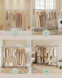 SONGMICS Portant à Vêtements avec Roulettes, Tringle Extensible pour Charge Lourde, Porte-manteau, Capacité de Charge 150 kg, 45 x (160-200) x 161,5 cm, Montage Facile, Argent/Noir - 45 x (160-200) x 161,5 cm (P x L x H) - Voir 6