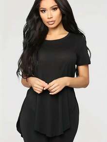 Trioutop 宽松短袖T恤，休闲圆领上衣，侧开衩 - 黑色 - 查看 3