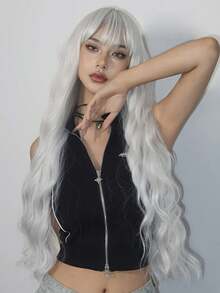 30-Inch Long, Silvery-White, Curly Hair With Bangs, Synthetic Fiber Wig, Suitable For Women, Suitable For Daily Use, Christmas Gift, Christmas Hair - 白色 - 查看 2