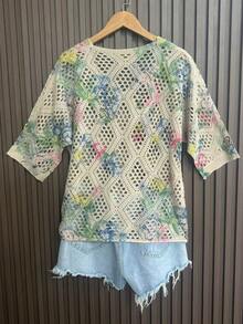 Knitted Mesh Pullover Top, Floral Print, Polyester, Sheer V-Neck, Casual Wear For Daily, Home, Travel, Spring/Summer - Multicolor - View 3