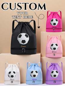 Customizable Backpack With Personalized Name Or Holiday Greetings. Solid Color Design, Minimalist Casual, Football Pattern, Lightweight Large Capacity. Adjustable Shoulder Strap, Zipper Closure, Multi-Function Shoe Compartment, Drawstring Travel Bag, Suitable For School, Daily Life, Outdoor, Sports, Fitness, Swimming And Other Occasions. Can Be Customized With Name, Letter, Lucky Number, Etc. - Multicolor - View 2