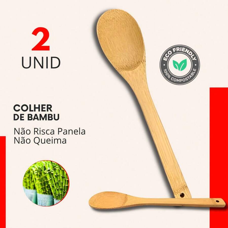 Jogo 2 Colher De Bambu 30cm Madeira Bamboo Pau Cozinha Multiuso - Multicolorido - Visão 1