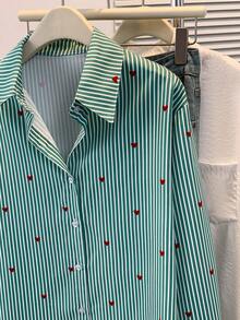 女士心形印花条纹领纽扣长袖休闲衬衫，适合春、夏、秋季日常穿着 - 綠色條紋 - 查看 5