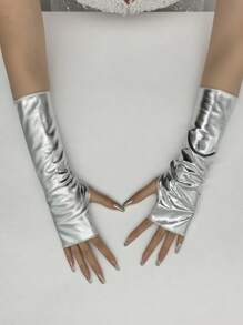 1 双漆皮无指短手套，万圣节角色扮演手套，带反光涂层