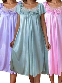Summer 3-Piece Set For Women's Lace V-Neck Bow Pajamas, Simple Solid Color Nightdress, Rayon Short-Sleeved Home Clothes - Hồng vừa + Tím nhạt + Xanh lá - Xem 5