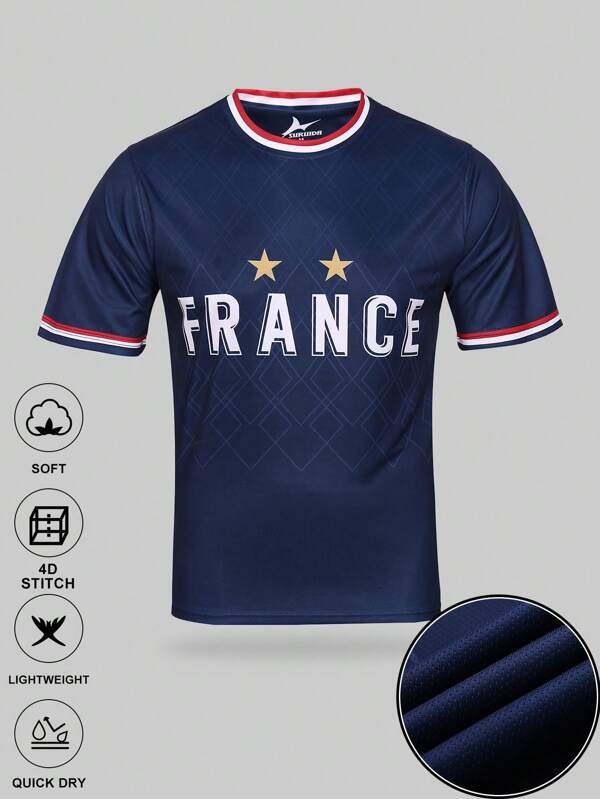 SURUIDA 1pc Men's French Soccer Jersey, Blue Sports Shirt, Comfortable Sportswear Suitable For Team Sports, Leisure And Matches