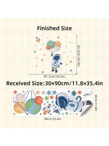 男孩房间墙贴，卡通宇航员行星太空可移除贴纸，儿童银河育儿室可撕可贴墙贴，太阳系幼儿卧室装饰 - 彩色 - 查看 3