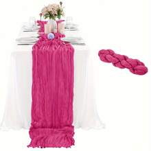 1/5 Pcs Fuchsia Bohemian Cheesecloth Table Runner, Crinkle Cotton Tablecloth, Semi-Transparent Table Cloth For Dining Table, Party, Birthday, Romantic Atmosphere Decoration, Christmas, Halloween, Home Decor - Hot Pink - View 12