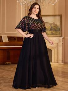 UNITHORSE Polyester Regular Round-Neck Dress,Sequin Patchwork Design Chiffon Brideamaid Dresses - Black - View 5