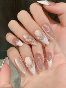 10Pcs Middle Almond Handemade Press On Nails For Party And Daily , Pink Nails, Bow Nails, Easy To Wear10Pcs Y2K Handmade Press On Nails,Summer Style,Suitable For Girls And Women Festivals Parties And Daily Wear Nail Supplies Nails