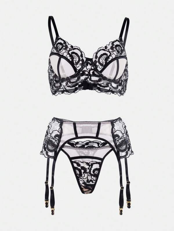 Sexy lingerieset voor dames, jarretellesgordel met stalen bh, bloemenborduursel, 3-delige set