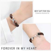 Infinity Cremation Bracelet For Ashes Genuine Leather Memorial Urn Bangle For Human Stainless Steel Keepsake Bracelet Jewelry For Women Men - Brown-Silver - View 3