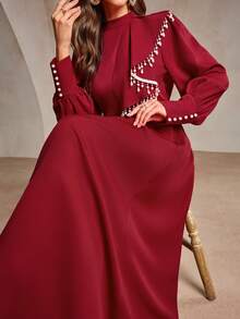 Stylish Red Long Arabian Dress With Stand Collar Puffed Sleeves And Unique Beaded Fringe Accent - Red - View 6