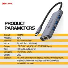 Kodak Ultra-High-Speed USB-C Hub T343-4 In-1 Multi-Port Expansion Station Compact USB Hub With 3 USB 3.0 Ports (5Gbps), Gigabit Networking, USB-C Data And Power Transfer, Plug-And-Play For Laptops, Tablets And Mobile Phones, As Well As Projectors And Device Charging Stations For High-Speed Connection - Bạc - Xem 7