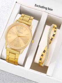 1pc Women's Steel Band Quartz Watch With Roman Numeral Scale + Crossed Bracelet