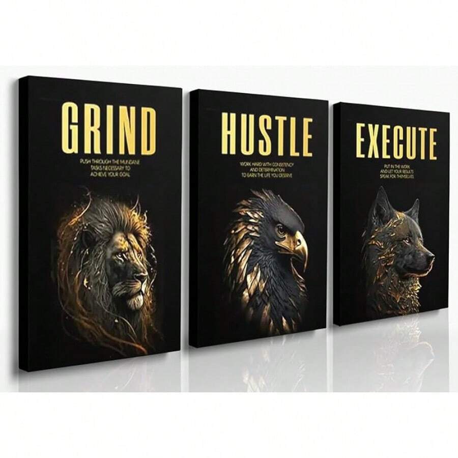 GUBIYU Black Hustle Grind Execution Wall Art Set Of 3 Framed Canvas Office Inspirational Motiviational Wall Decor Art Positive Quotes Posters Living Room Pictures Walls Decor Mens Guys 12x16 - 黑金002 - 查看 1