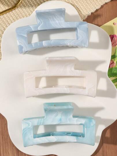 发夹 3 件波西米亚清新蓝灰色和白色大理石渐变方形中号发夹，采用 ABS 材料制成，适合春夏季、海滩和户外发饰优雅爪夹、学校用品、学院秋季配饰秋冬度假装女士