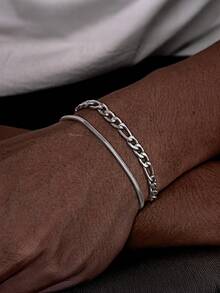 2 件/套男士不锈钢不褪色重磅多层时尚马衔索手链套装，男士时尚配饰套装，日常佩戴腕饰，适合送给男朋友、朋友、父亲 - 銀色 - 查看 6