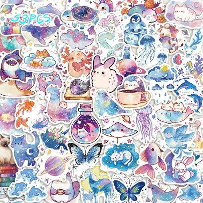 SCXXBSW 53pcs Starry Sky Watercolor Small Creatures Stickers DIY Decorative Luggage Guitar Notebook Creative Fun Cartoon Waterproof Stickers