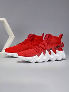 Men's Ultra-Light Flame Patterned Thick Sole Sneakers, Casual Outdoor Sports Shoes, Personalized All Season - White and Red - View 4