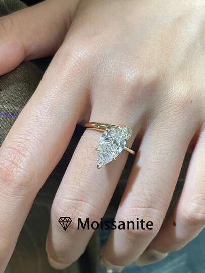 1pc Women's High-Quality Pear-Shaped Open Ring, 3g 925 Pure Silver, 2ct Pear-Shaped Moissanite, Minimalist French Style Jewelry, Wedding, Marriage, Anniversary, Holiday Gift, Comes With Moissanite Certificate And Deluxe Gift Box
