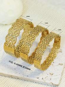 1. Stainless Steel Gold & Silver Bohemian Floral Jewelry For Women's Wedding, Dubai Style Hollow Crown Luxury 18K Gold-Plated Bangle, Lightweight Middle Eastern Style Bracelet, Suitable For Wedding Accessories, Daily Wear And Special Occasions, Mother's Day - Multicolor - View 2