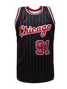 KTYSDE Men's #91 Black & Red Striped Retro Basketball Jersey, Chicago Letter & Number Embroidery, Loose Fit Sleeveless Crew Neck Tank Top, Suitable For Basketball, Sports, Running, Streetwear, Unisex - Black - View 3