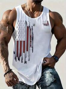Men's Summer USA Flag Print Round Neck Casual Tank Top - trắng - Xem 1