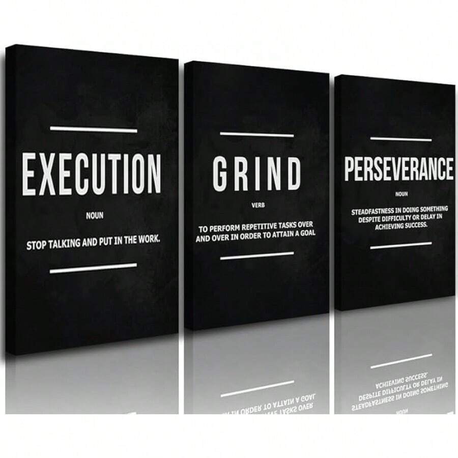 GUBIYU Black Hustle Grind Execution Wall Art Set Of 3 Framed Canvas Office Inspirational Motiviational Wall Decor Art Positive Quotes Posters Living Room Pictures Walls Decor Mens Guys 12x16 - A011 勵志牆畫 - 查看 1