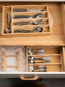 1pc Bamboo Kitchen Drawer Organizer, Silverware Cutlery Tray, Kitchen Utensil Holder And Drawer Organizer, Household Essential Kitchen Utensil Storage For Women Storage Organizer Travel Essentials Back To School Dormitory Storage Fall Decor - Khaki - View 5