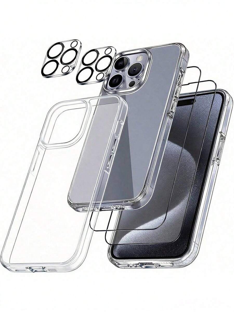 [5 In 1] Transparent Phone Case Compatible With IPhone 15, 2 Packs Tempered Glass Screen Protector + 2 Packs Camera Lens Protector [All-Round Protection, Crystal Phone Case, No Yellowing, Suitable For IPhone Series Waterproof Shockproof Anti-Fall Anti-Fall Scratch Resistant Anti-Fingerprint Full Cover