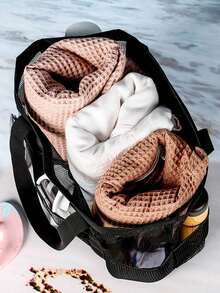 1PC Large Mesh Beach Bag - Sandproof Swim Tote Bag Oversized For Family Foldable Lightweight Pool Boat Bag With Zipper And Extra Pockets For Toys & Vacation Beach Cruise Essentials - Black - View 5