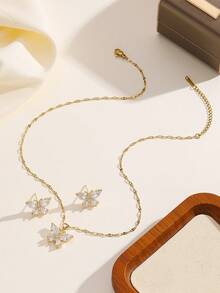 1 Set de collar y aretes de acero inoxidable, diseño de lujo con rhinestones enlazados, conjunto de joyas formales personalizadas, sin caja de regalo incluida - Mariposa dorada - Ver 5