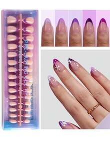 150 件/套法式按压指甲，短杏仁形，软凝胶指甲片，三合一凝胶指甲延长，紫色，适合女性美甲用品 - 紫色 - 查看 1