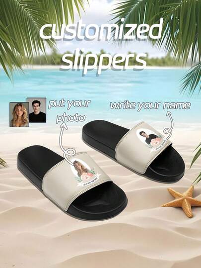Men's Plus Size Personalized Photo Slide Slippers, Customizable With Your Name And Picture, Stylish And Comfortable Sandals For Men And Women, Perfect For Summer, Beach Days, And Gift Giving