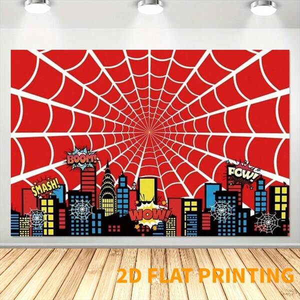 2D 1pc Rode Spinnenweb Feest Achtergrond Banner, Cartoon Stad Superhelden Stadsgezicht Fotografie Achtergrond, Geschikt voor Verjaardagsfeest Decoratie, Taarttafel Decoratie, Fotohokje Rekwisieten, Veelzijdig, Meerdere Afmetingen.