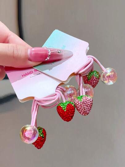 2개 라인스톤 딸기 디자인 여성용 헤어 스크런치, 라인스톤 헤어 타이 핑크 딸기, 높은 탄성 내구성 헤어 타이, 포니테일 홀더, 헤어 엘라스틱, 헤어 로프, 헤어 액세서리 헤드 액세서리 고무 밴드