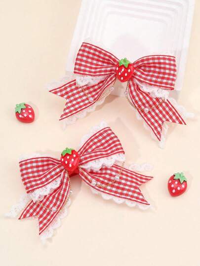 2pcs Strawberry Hair Bows For Girls,Cute Red And White Plaid Lace Bow Clips With Strawberry Hairpin,Cute Sweet Vacation And Daily Bow Hair Clips,Fruit Checkered Bow Barrettes Girl Hair Accessory