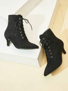 Elegant Women's Ankle Boots Black Pointed Toe Lace Up Low Heel Kitten Heel Boots Comfortable Work Office Zipper Motorcycle Boots For Women - da lộn đen - Xem 4