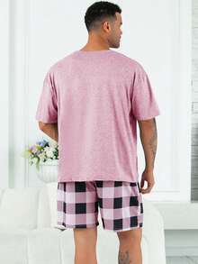 Bộ 2 áo thun tay ngắn kẻ sọc rộng rãi và quần short pijama cỡ lớn dành cho nam, phù hợp cho mùa xuân/hè - Màu Hồng baby - Xem 2