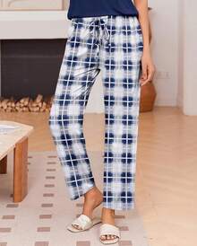 Pajama Sets Women Round Neck Pjs Short Sleeve Sleepwear With Long Pants Loose Lounge Sets - Navy Blue-white Plaid - View 5