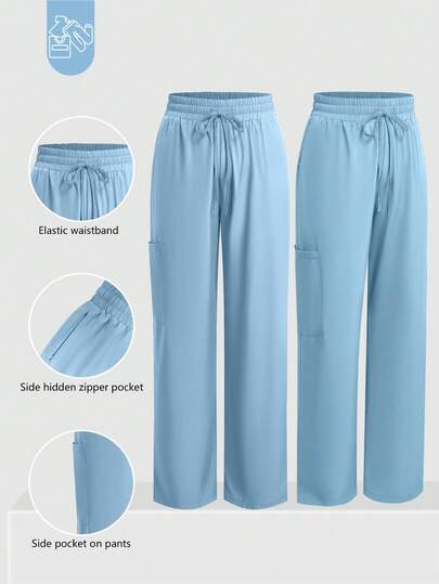 cimmuovere 女士护士裤，舒适裤子，纯色简约多口袋拉链裤